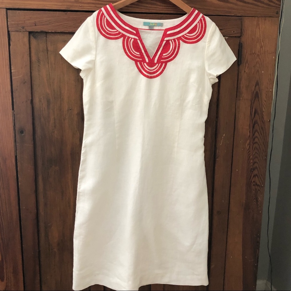 Boden White Dress with Red Embroidery